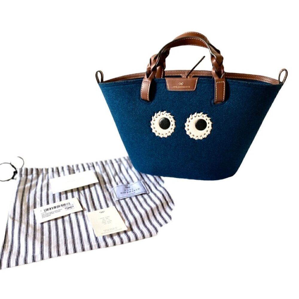 Anya Hindmarch Small Eyes Felt Tote Bag Leather Trimmed Dark Petrol Blue Brown